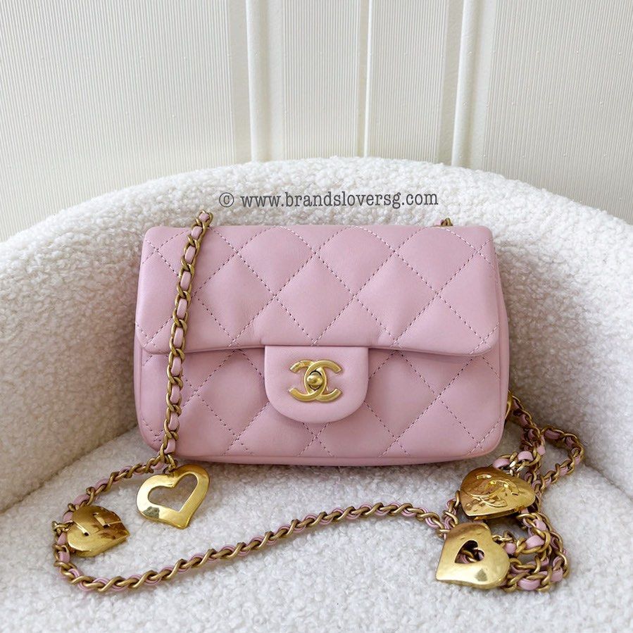 Chanel 22B Mini Flap Bag with Heart Charms in Pink Lambskin and