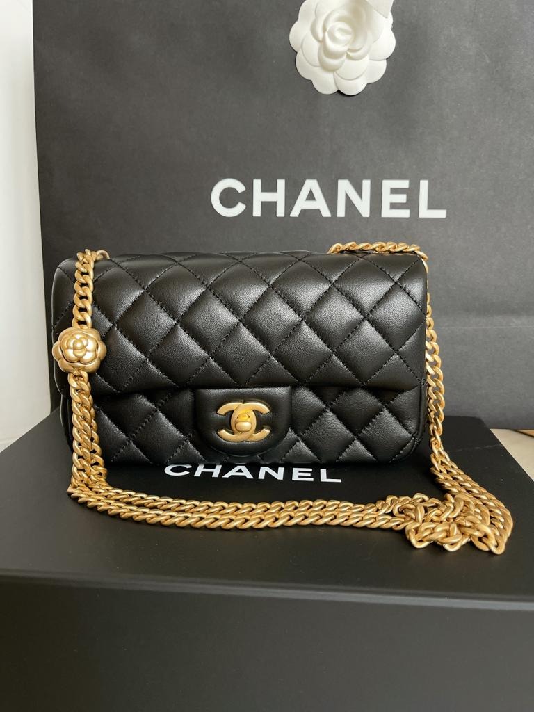 My Chanel 23S Camellia Crush Mini Square! My SA said there were no  adjustable chain bags in the store, till I saw this bag on the counter… is  the SA just not