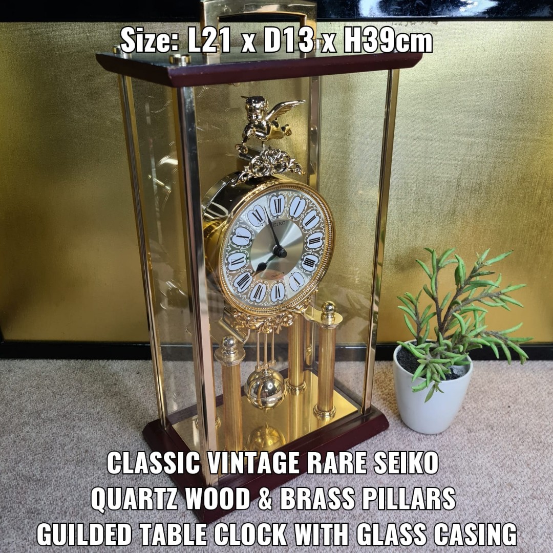 CLASSIC VINTAGE RARE SEIKO QUARTZ WOOD & BRASS PILLARS GUILDED TABLE CLOCK  WITH GLASS CASING, Furniture & Home Living, Home Decor, Clocks on Carousell