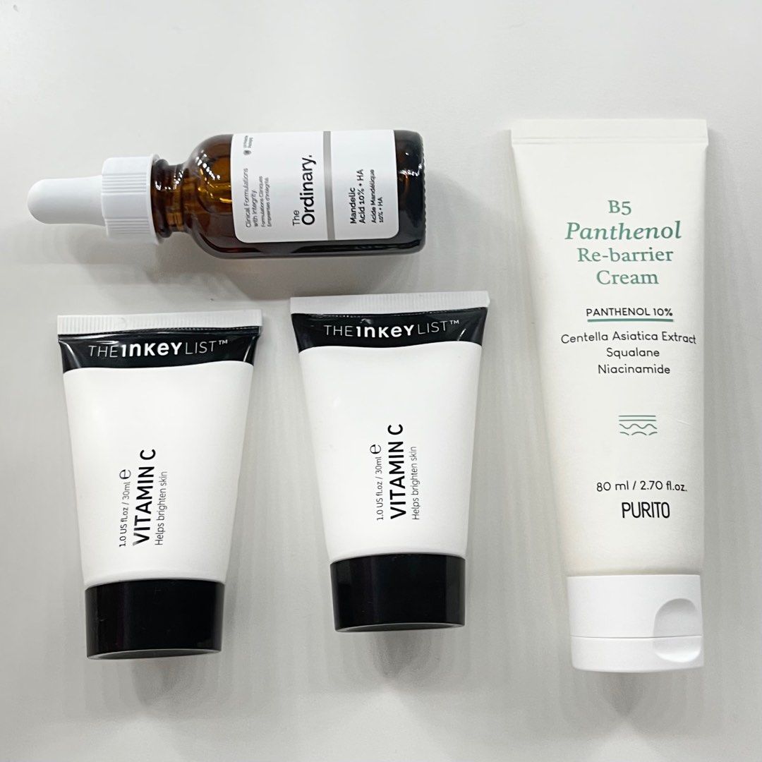 inkey list vitamin c, the ordinary mandelic acid, b5 panthenol re