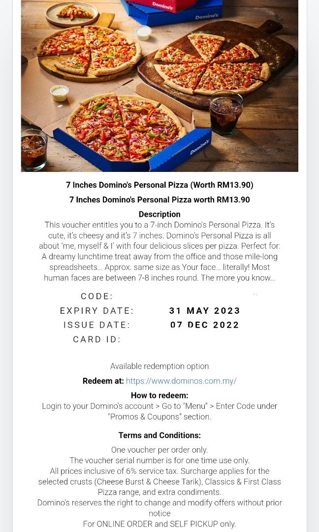 Domino's voucher, Tickets & Vouchers, Vouchers on Carousell