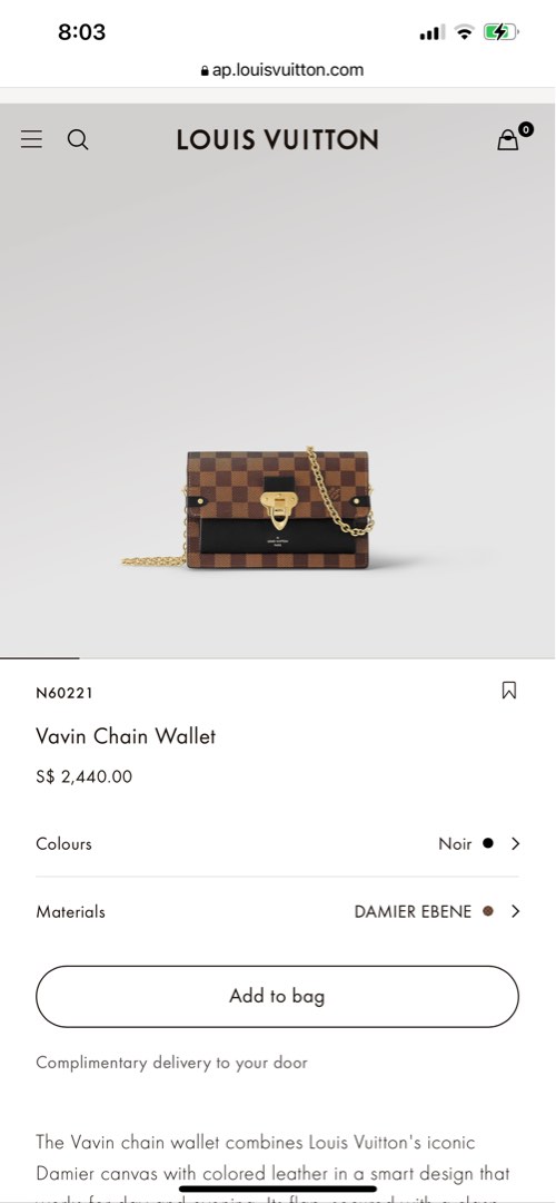 Louis Vuitton DAMIER Vavin Chain Wallet (N60222, N60221, N60237) in 2023