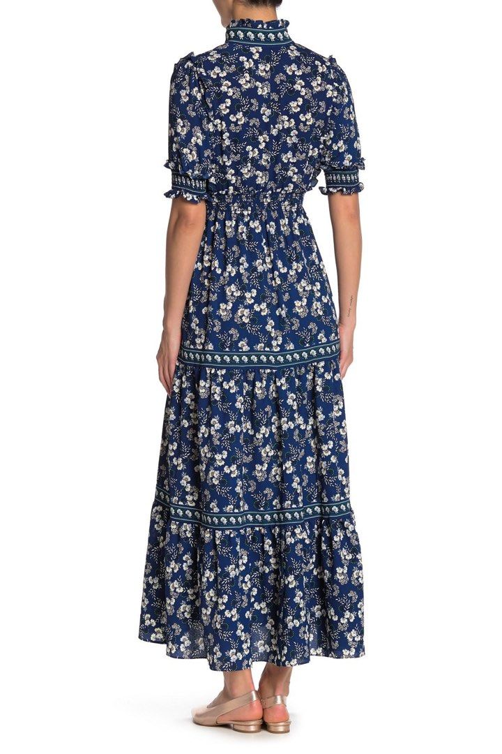Max Studio Elbow Length Sleeve Print Tiered Maxi Dress in Navy Blue and Florals