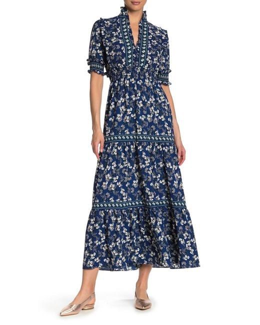 Max Studio Elbow Length Sleeve Print Tiered Maxi Dress in Navy Blue and Florals