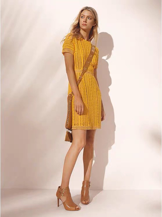 Michael Kors Mustard Yellow Crochet Lace Dress Women s Fashion