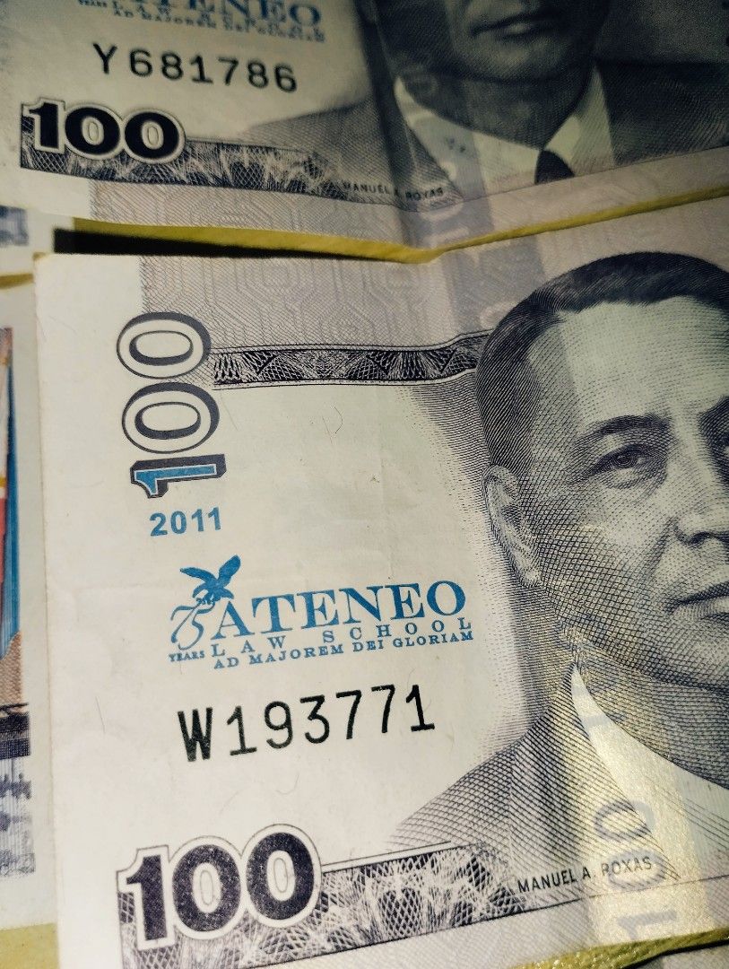 100 Peso Bills with University seals (Category: Currency) located in Paranaque City. Submitted by nathan4you (Listing ID 1223935544, Image 3). Description: Has AdMU and UP seals Has folds 1k if take all.