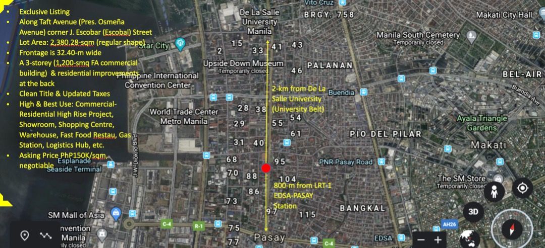 TAFT COMMERCIAL LOT/BUILDING (Category: Commercial) located in Mandaluyong City. Submitted by Kuaima_Realty (Listing ID 1223813577, Image 1). Description: COMMERCIAL PROPERTY ALONG TAFT FOR SALE COMMERCIAL PROPERTY ALONG TAFT AVENUE LA: 2,380.28 SQM FRONTAGE: 32.40 CLEAN TITLE UPDATED TAXES High & Best Use: Commercial-Residential High Rise Project, Showroom, Shopping Centre, Warehouse, Fast Food Restau, Gas Station, Logistics Hub, etc. Asking Pri