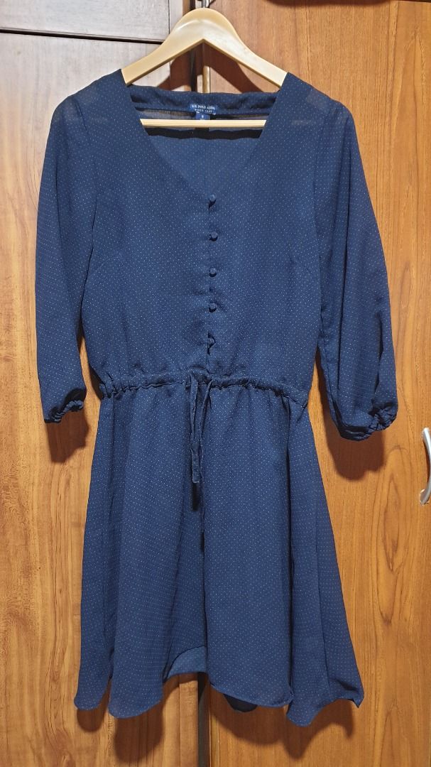 US Polo ASSN Blue Button Down Dress (Category: Dresses) located in Baguio. Submitted by formorecravings (Listing ID 1176056761, Image 3). Description: Like new! Small dotted style Shoulder length: 14in Sleeves length: 17in Chest width: 17in Waist: 27in; can be cinched with ribbon Length: 34in.