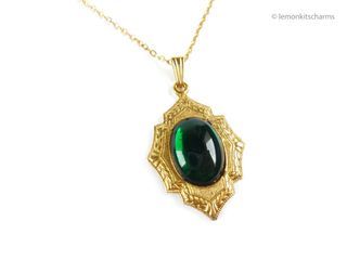 Vintage 70s Green Glass Art Deco Style Necklace, nk885-c