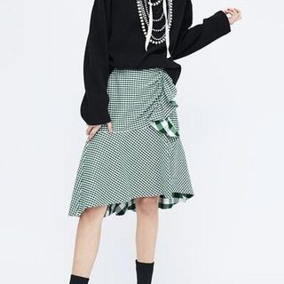 Zara Ruffle Check Flare Skirt with Slit in Green