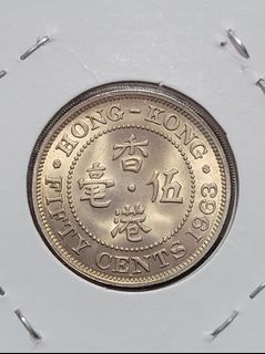 香港1963年h 伊利沙伯二世 伍毫 (FIFTY CENTS) UNC未流通品相，極強原轉光 ,掛號$20