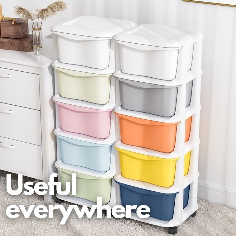 5 Tiers Plastic Drawer Storage Cabinet with Movable Wheels for