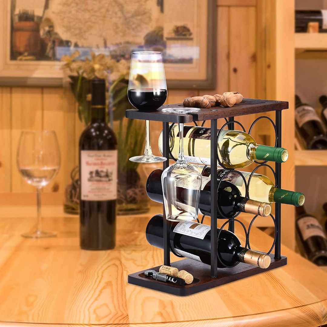 ALLCENER Wine Rack with Glass Holder Countertop Wine Rack Wooden Wine Holder with Tray Perfect for Home Decor Kitchen Storage Rack etc Hold 6 Bottles and 2 Glasses TV