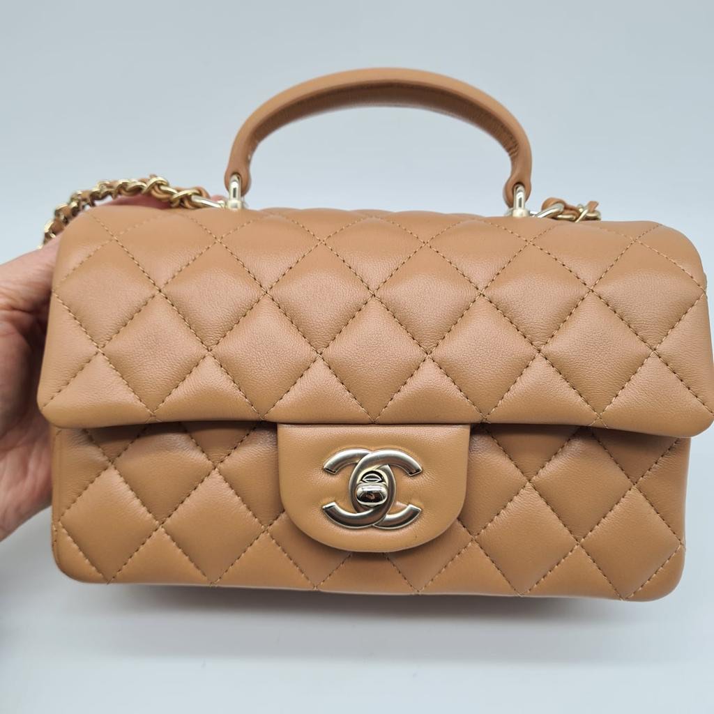 Chanel Mini Flap Bag with Top Handle- Dark Beige/ Caramel