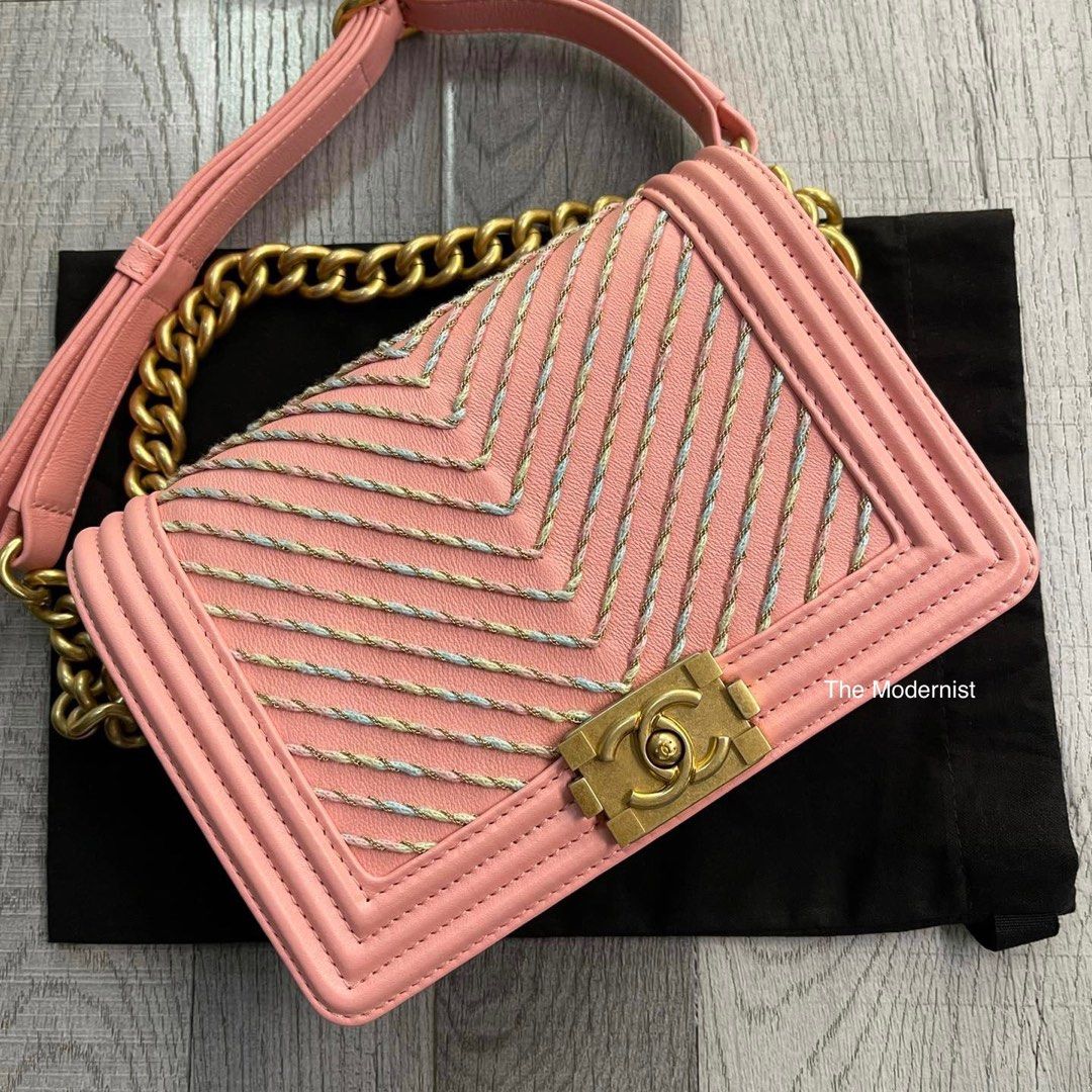Authentic Chanel Small Boy Bag Pink Calfskin Chevron Embroidered By The Sea