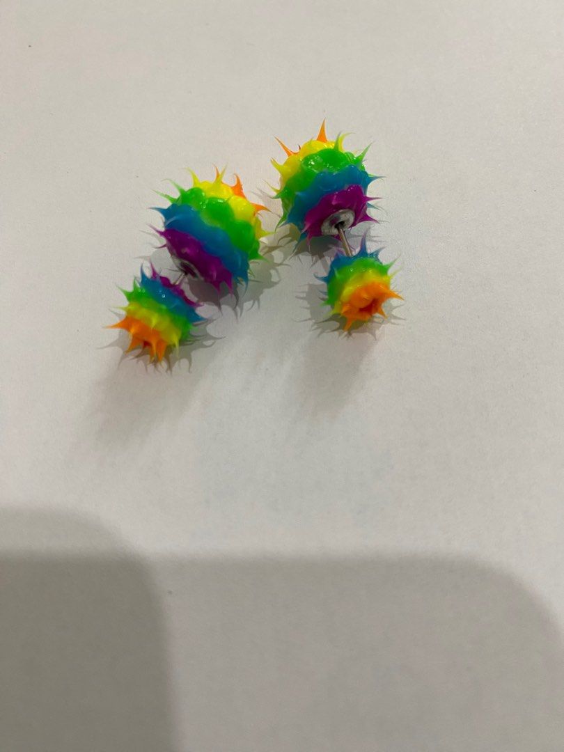 Back and front colourful rainbow ball spiky earrings