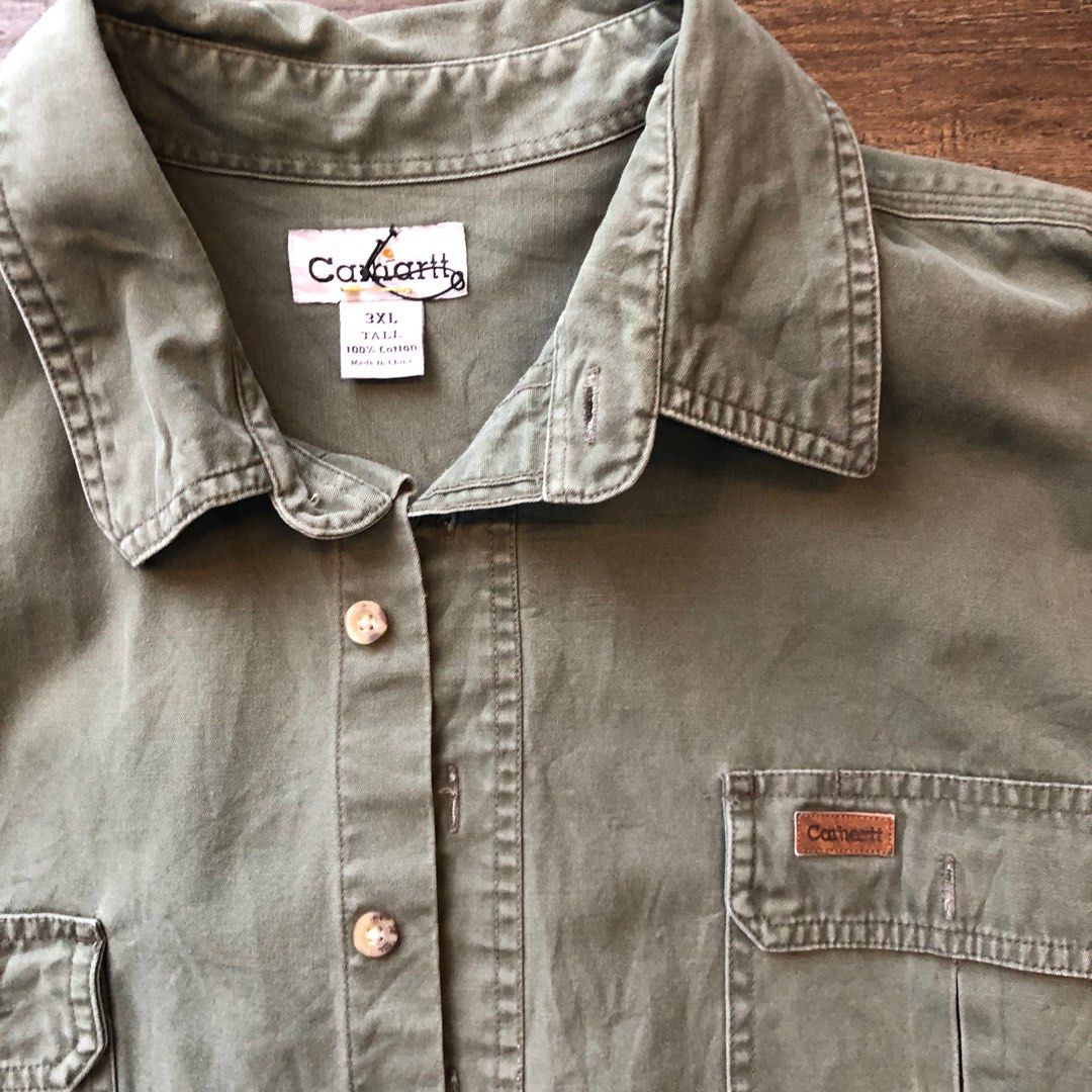 Carhartt Olive Green Button Up shirt jacket Men s Fashion Tops