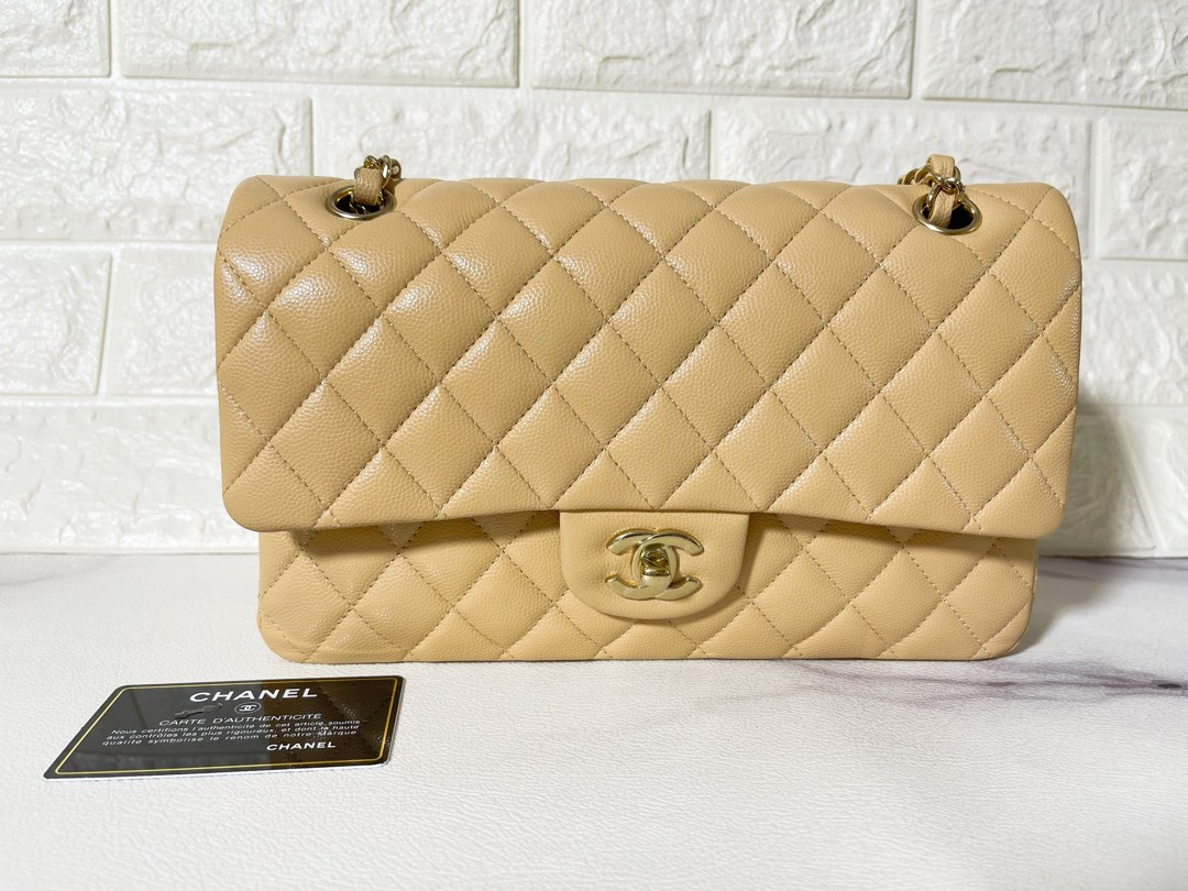 Chanel Classic Medium Double Flap 19C Beige Quilted Caviar with light gold  hardware