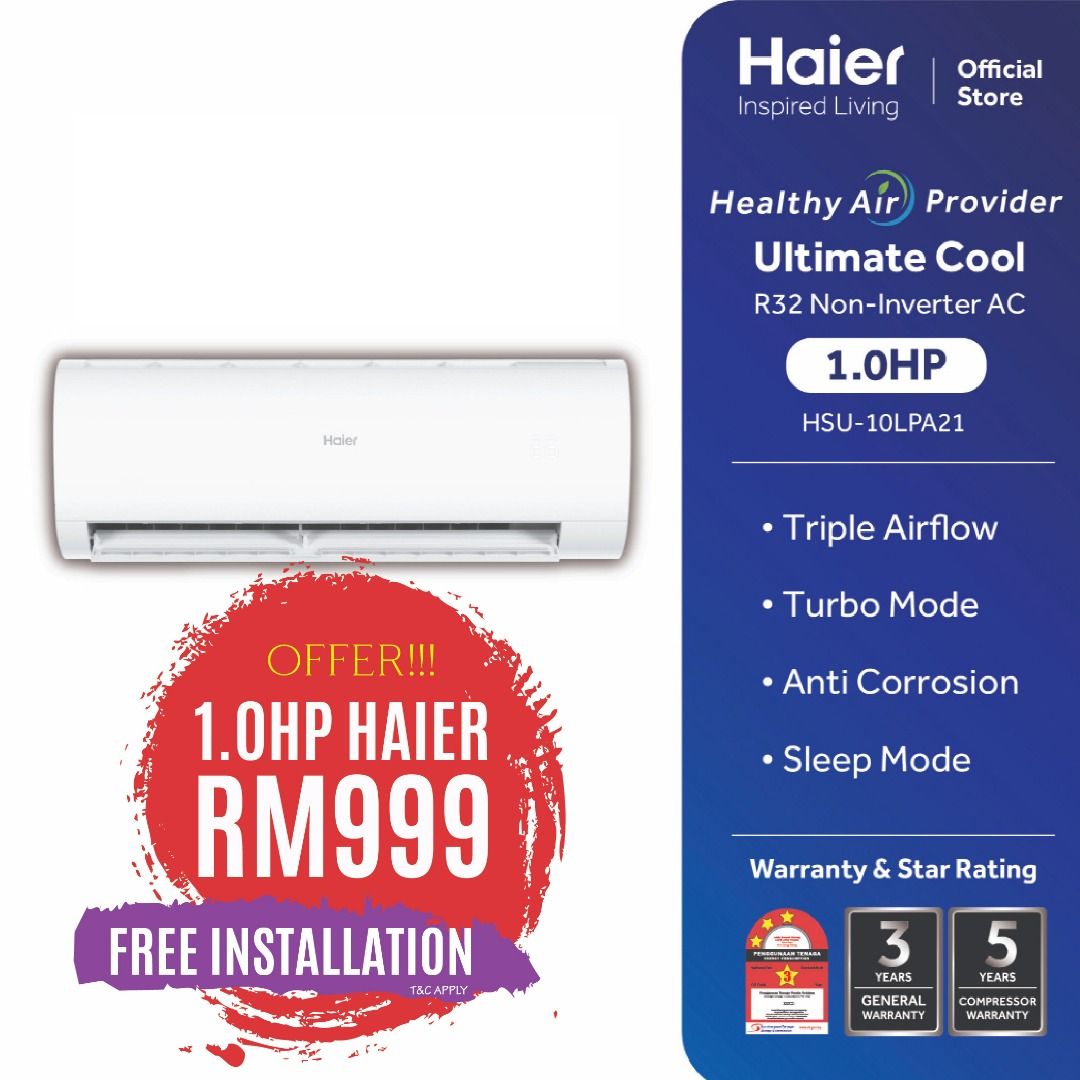 [FREE INSTALLATION] HAIER 1.0HP R32 AIR COND HSULPA SERIES NON