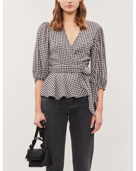 Ganni Gingham Wrap Blouse Women s Fashion Tops Blouses on Carousell