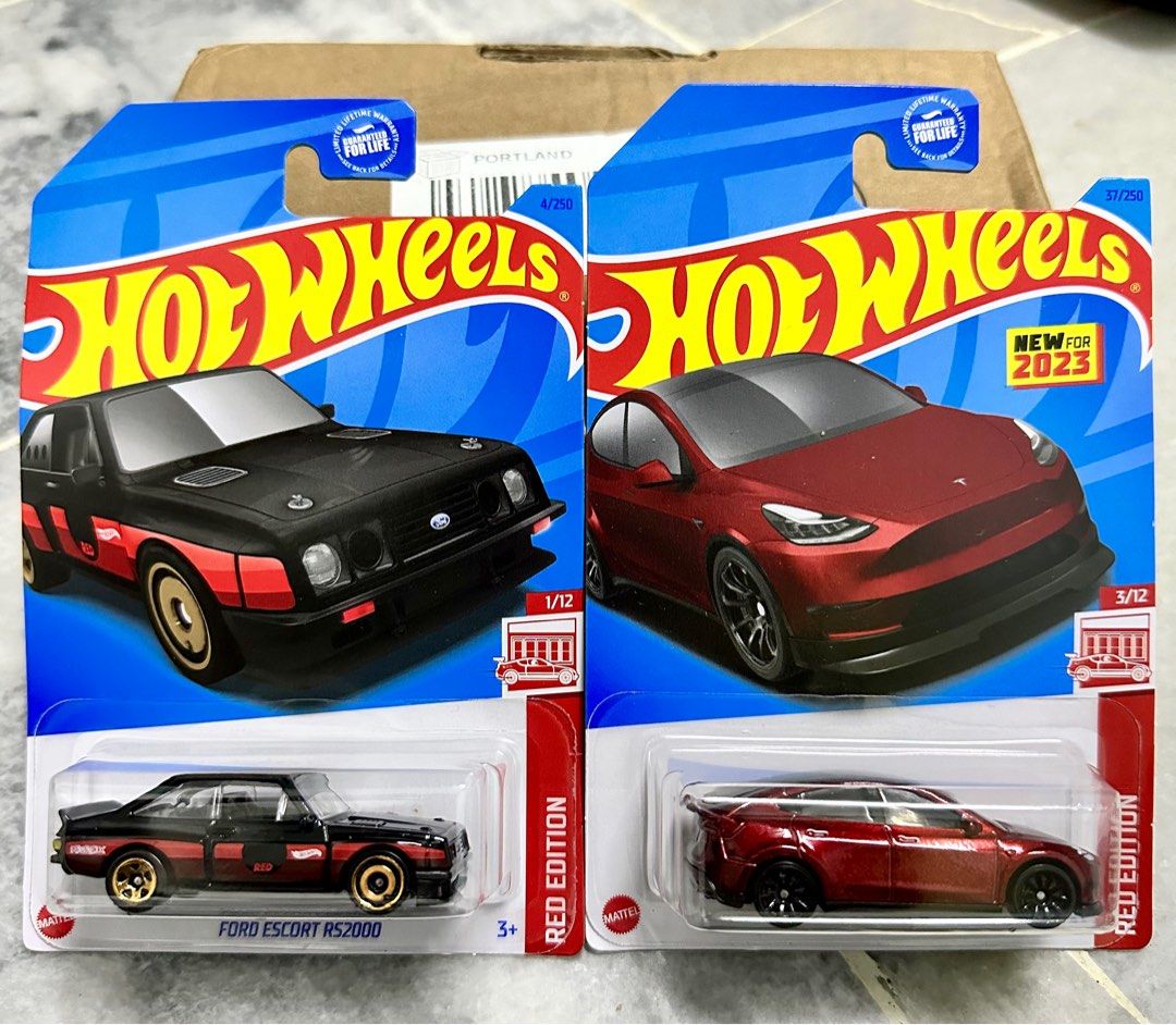 Hot Wheels Red Edition (Ford Escort & Tesla Model Y), Hobbies & Toys