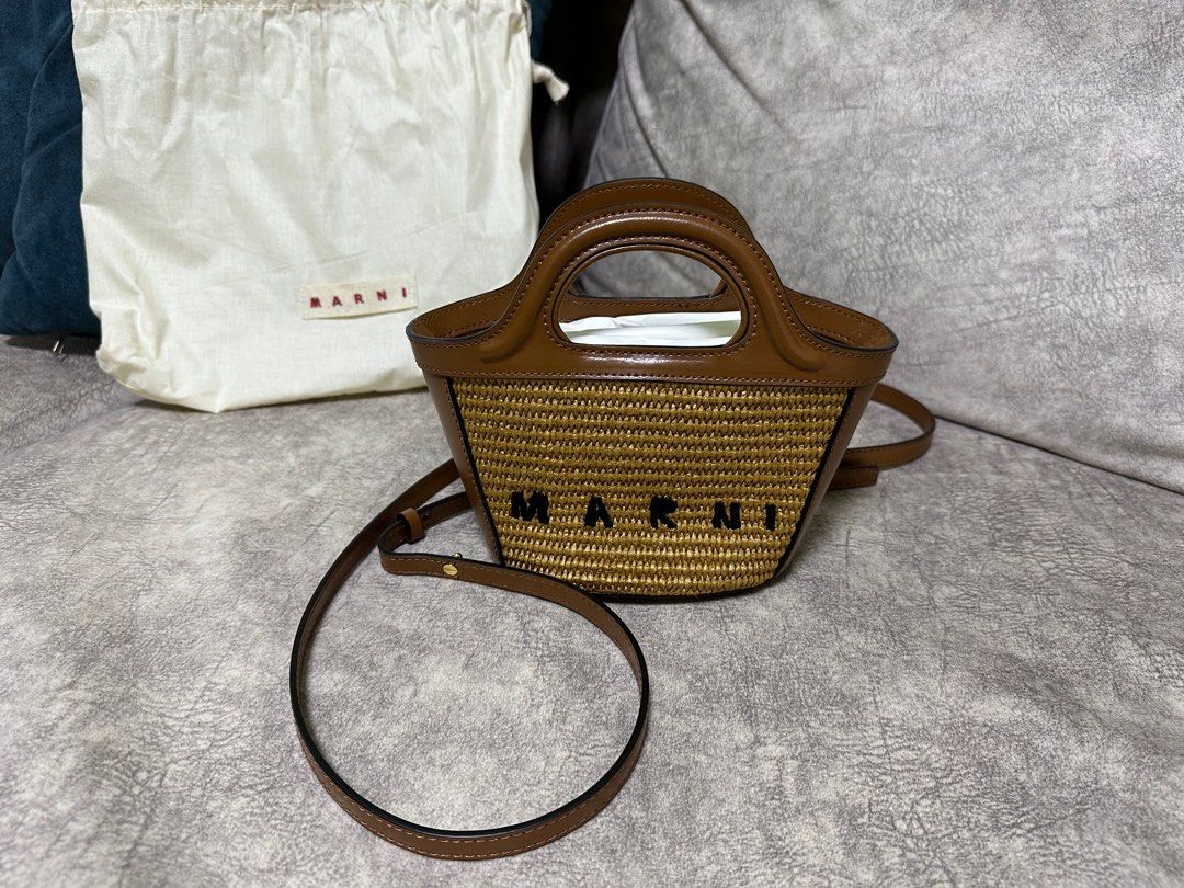 Marni Mini logo embroidered raffia tote