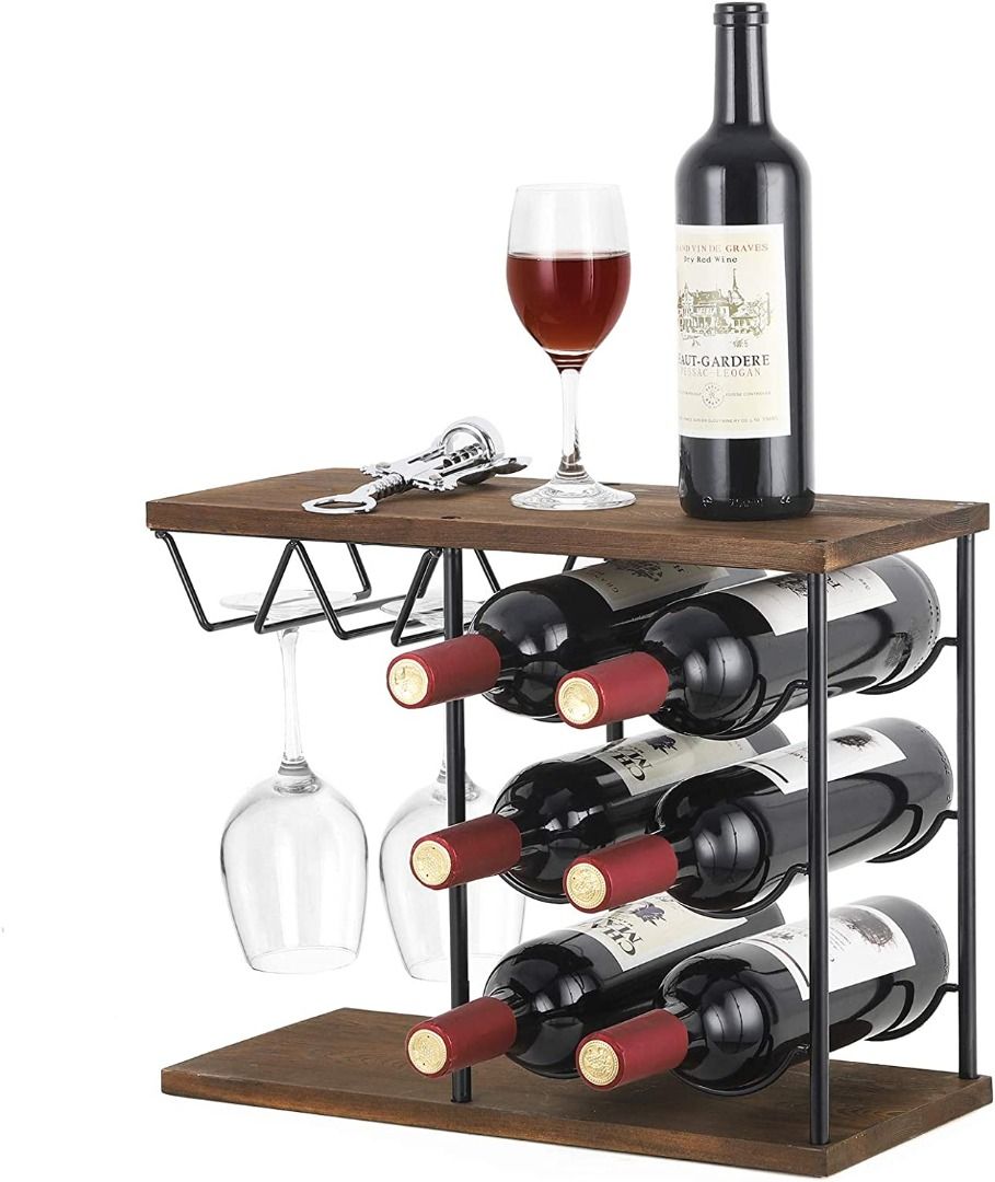 MOOACE Wine Glass Rack Free Standing Floor, Metal & Wood Countertop