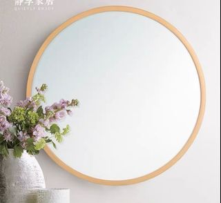 Natural wood round mirror vanity bathroom