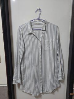net藍白條紋純棉長版長袖襯衫XL