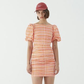 POMELO Retro Classic Gingham Puff Sleeves Mini Backless Ruched Dress #listmarch