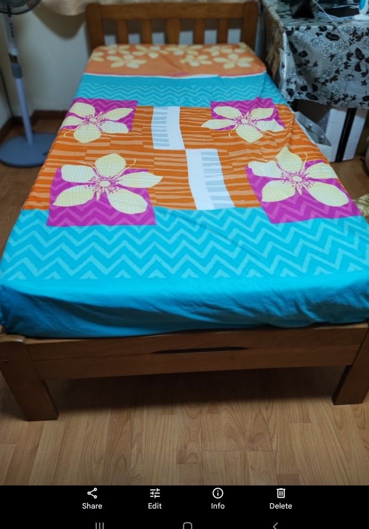 Single bed (Category: Bed Frames & Mattresses) located in Singapore. Submitted by elmocookie (Listing ID 1218689502, Image 2). Description: Selling my preloved super single bed with mattress. good condition.