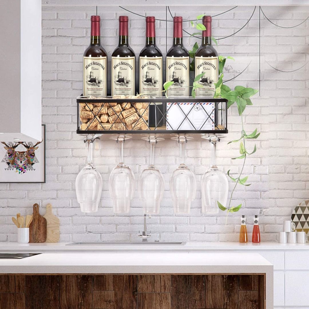 TOOLF Wall Mounted Wine Rack -Metal Bottle Glass Holder with