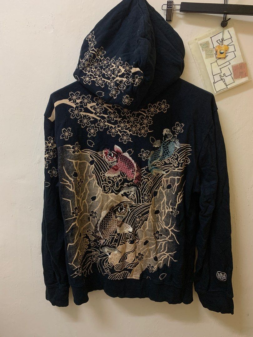 vintage japan sukajan ikan koi embroidery hoodie zipup parka