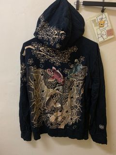 vintage japan sukajan ikan koi embroidery hoodie zipup parka jacket sweatshirt sweater bomber vtg og 90s y2k