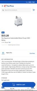 Yee Aquarium Submissible Water Pump 15W - White