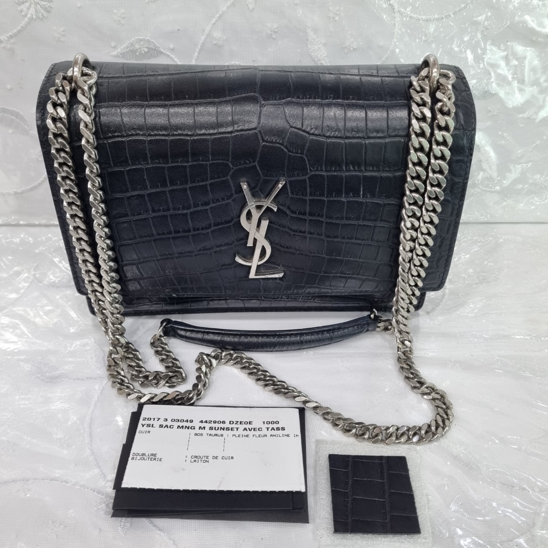 Authentic YSL Saint Laurent Sunset Croc Bag Gray Medium, Luxury, Bags &  Wallets on Carousell