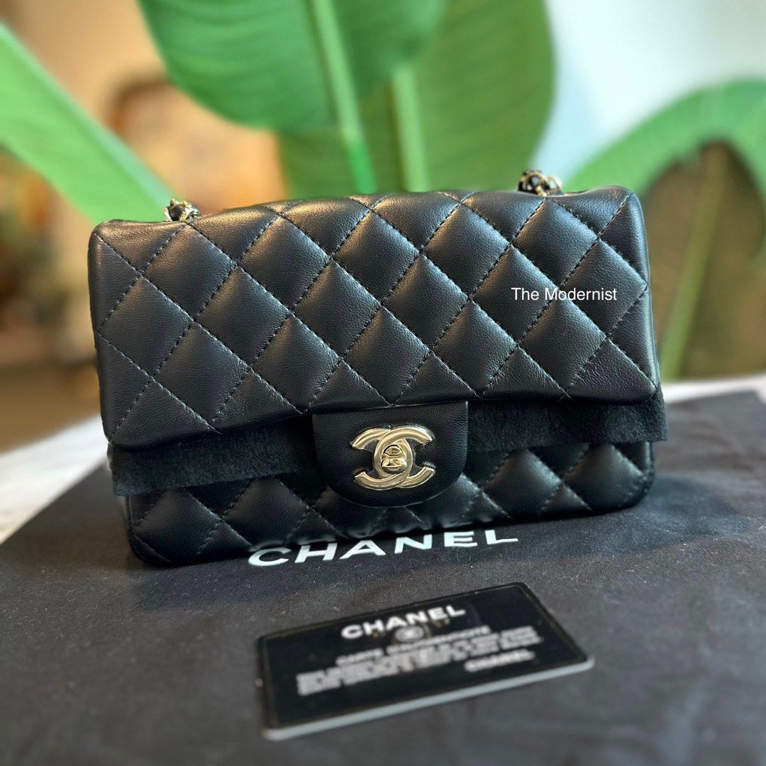 Authentic Chanel Mini Flap Bag Black Lambskin Light Gold Hardware