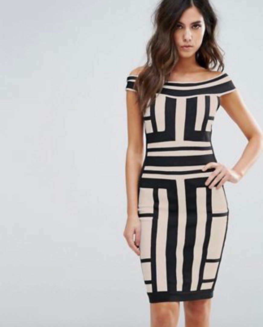 BN Wow couture Off Shoulder Bandage Dress in contrast paneled grid Women s Fashion Dresses Sets Dresses on Carousell