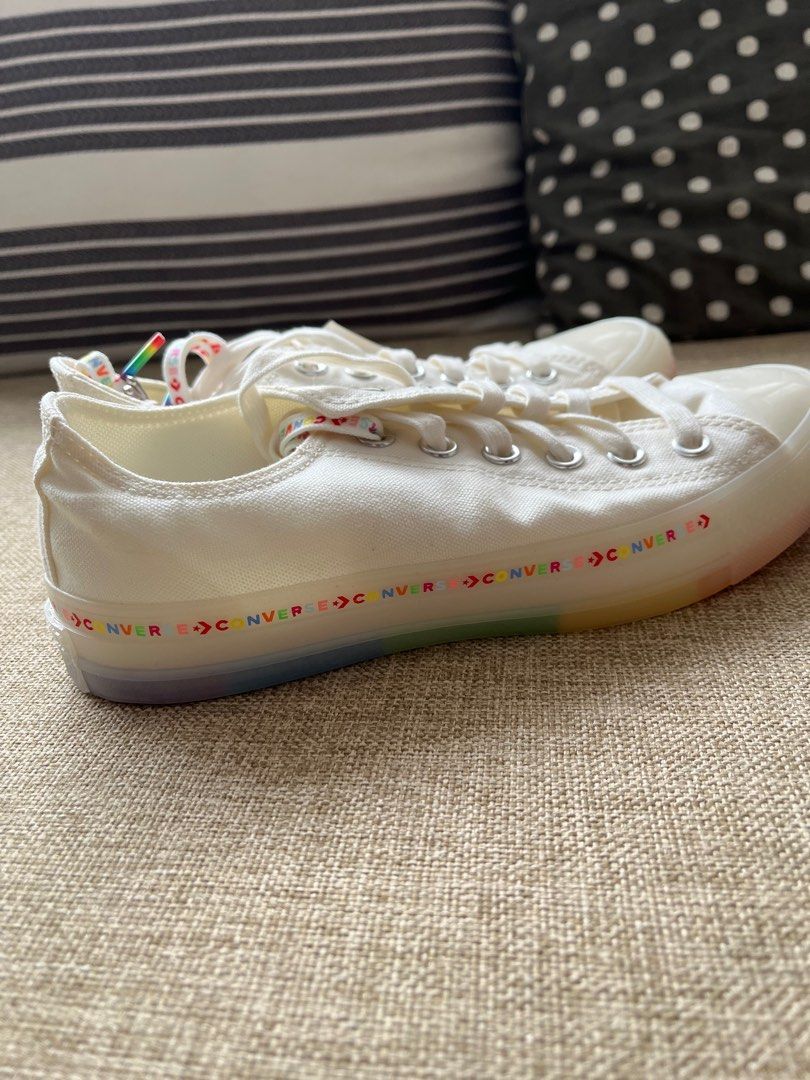 Converse off white canvas sneakers with rainbow logos Women s
