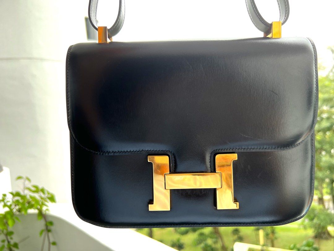 Authentic Hermes 23cm Black Box Leather GHW Constance Handbag