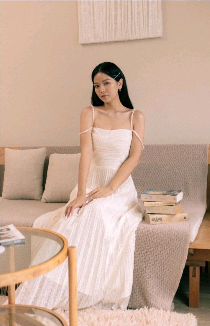 FIXED PRICE Mimosa Flower elegant spaghetti strap gown dress WHITE