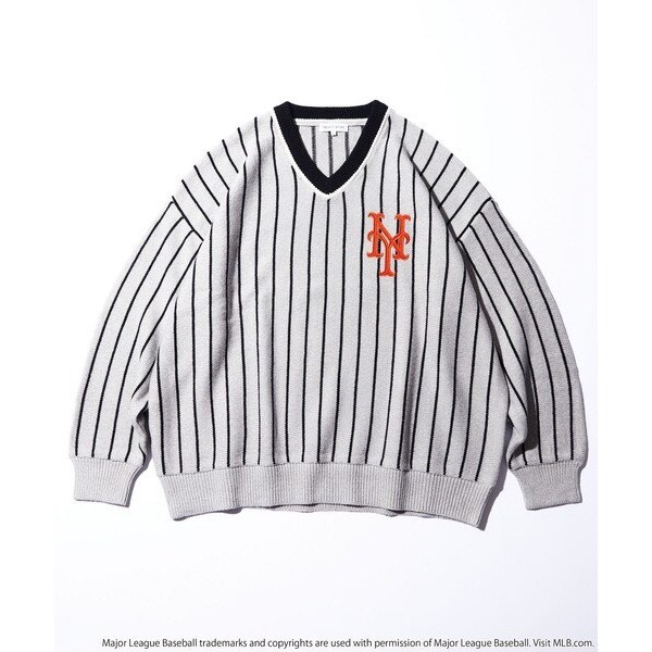全新現貨！Freak's Store MLB Mets sweater 灰色直條紋大都會隊V