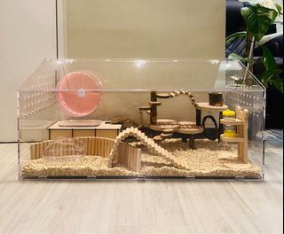 Hamster acrylic Syrian dwarf cage 80cm 100cm cage wooden accessories bendy bridge running wheel ladder platform water dispenser holder water bottle hideout house sandbox bathroom food bowl dish bedding small animals 