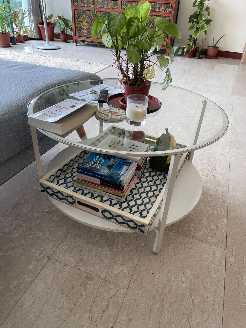 IKEA round glass top coffee table white, Furniture & Home Living