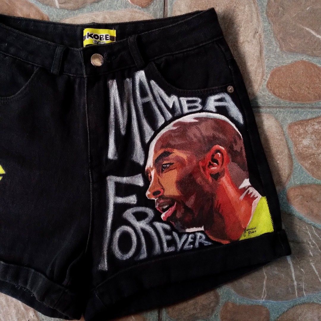 Kobe Bryant (Handpainted) Denim Shorts (Category: Shorts) located in Manila. Submitted by herrabranded (Listing ID 1218881032, Image 2). Description: Detailed Handpainted Denim Shorts Kobe Bryant Acrylic Paint with Finisher (water resistant ) Waist Size : 26" Type & Color : Semi Hard Denim / Black Handpainted by me so isa lang may ganitong design Yes to Shopee Check-out/LBC/J&T/FlashExpress/Lalamove Yes to Pick-up/Meet-up to avoid scammed transac