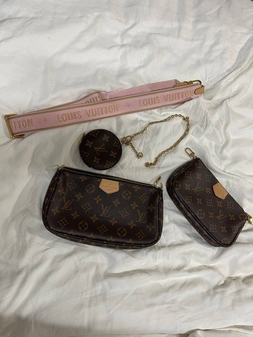 Louis Vuitton Pink Multipochette Rose Clair (Category: Luxury Bags & Wallets) located in Manila. Submitted by eb.declutters (Listing ID 1218917166, Image 2). Description: Like new - used once or twice only Louis Vuitton Pink Multipochette Bought in Greenbelt last November 2021 and just stored in a glass cabinet Complete with all inclusions - including dust bag, box, straps, chains, bag and paperbag This is a rare item and is hard to find item RFS