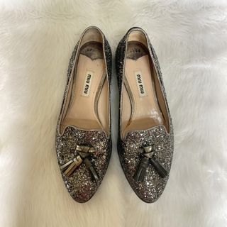Miu Miu Gray Metallic Gray Leather Loafers Flats