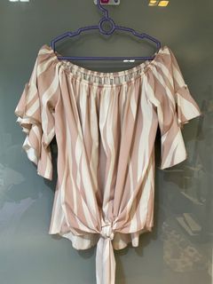 Off-Shoulder Pink & White Striped Top w Front Tie