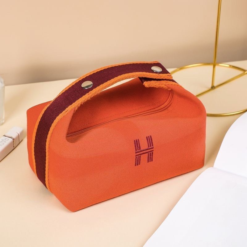 HERMES Canvas Small Bride-A-Brac Pouch Orange Burgundy 1232610