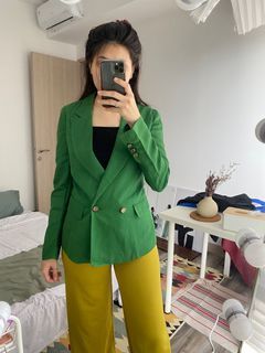 Premium green hijau botol blazer panjang premium import korea brand Rua / long luaran outer blazer hijau green emerald premium outfit kantor daily formal kancing double breasted